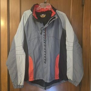 Harley-Davidson Windbreaker Black Gray Mens Medium Logo Hooded Motorcycle EUC
